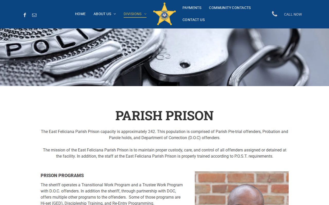 East Feliciana Parish jail page showing capacity and inmate roster link for outstanding warrant checks