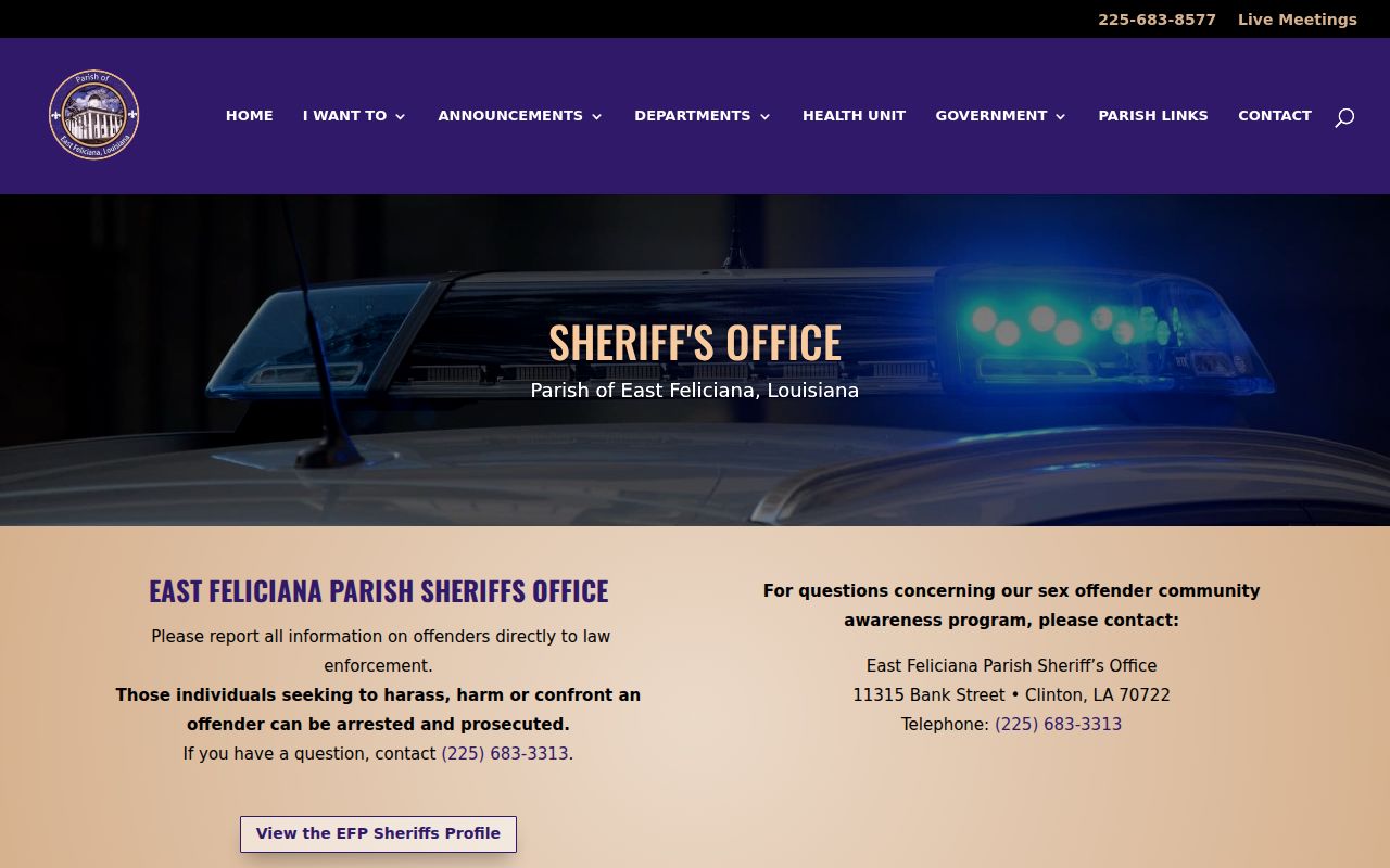 East Feliciana Parish page carrying the official anti-confrontation warning for warrant tips