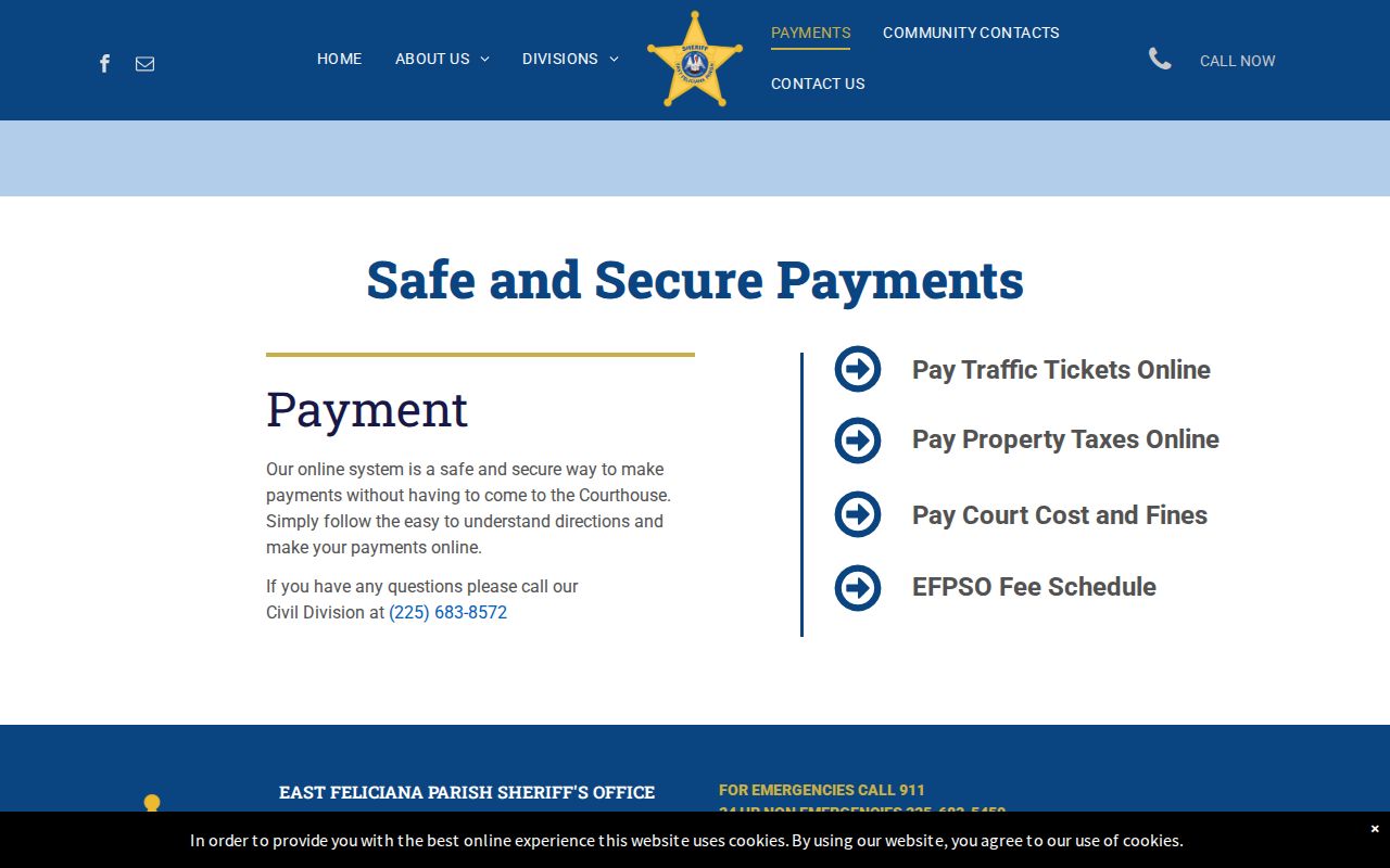 East Feliciana Parish sheriff payment page linking traffic ticket and court cost options