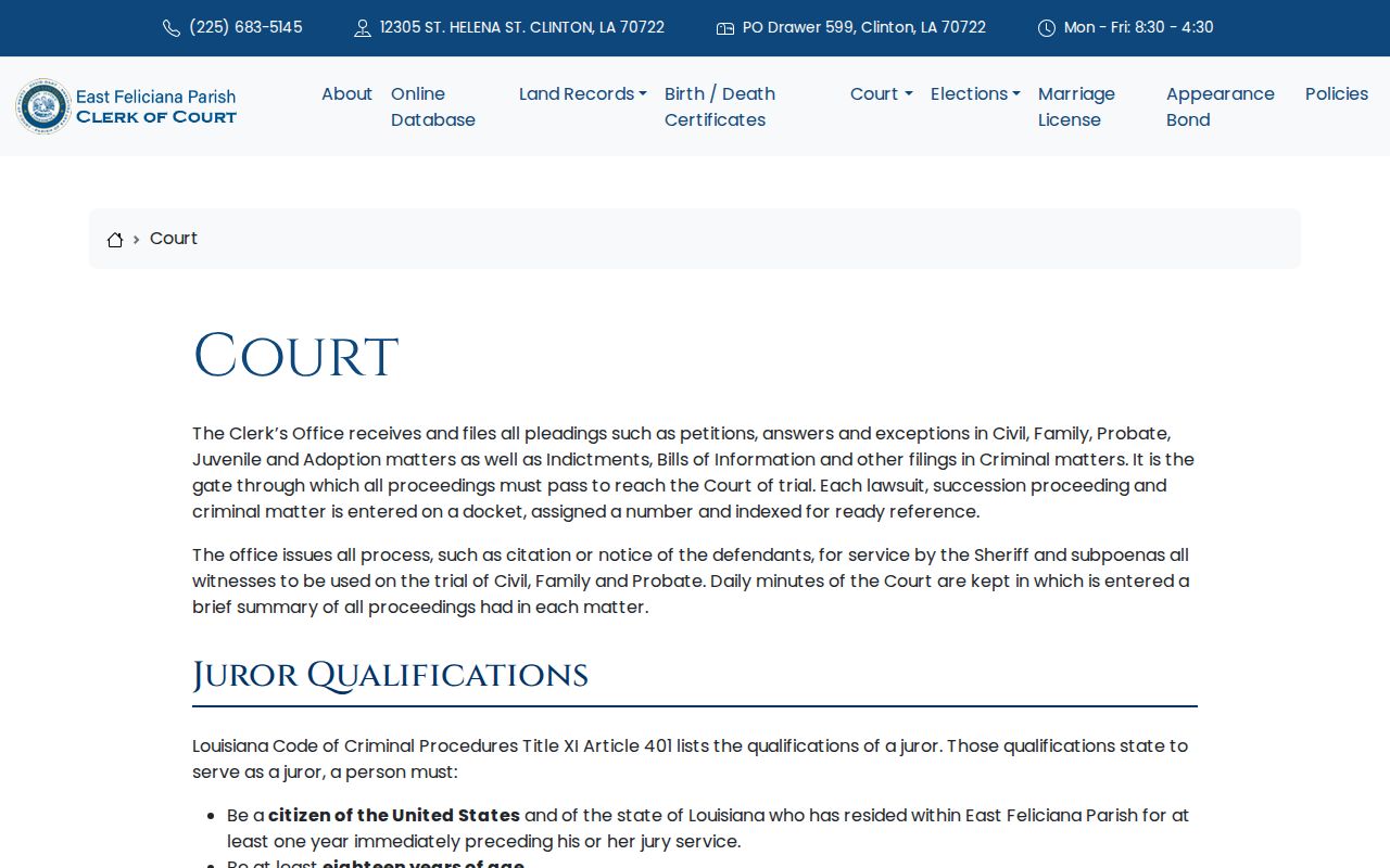 East Feliciana Parish Clerk criminal file and docket page for bench warrant records
