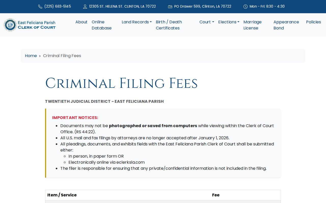 East Feliciana Parish Clerk fee page for certified and background-check copies of bench warrant records