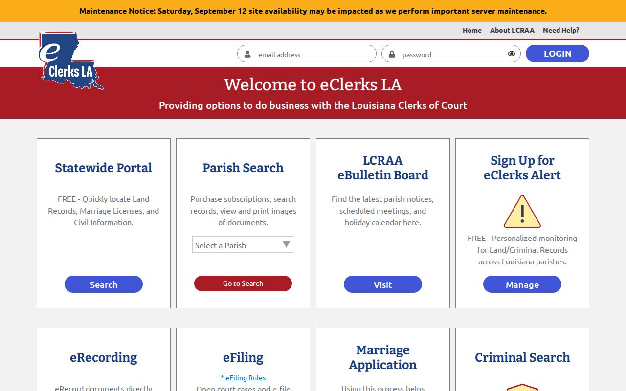 eClerks LA parish search login page used for East Feliciana Parish warrant lookup