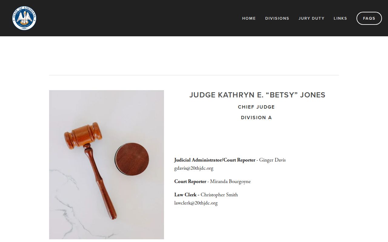 Twentieth Judicial District Court Division A office page tied to East Feliciana Parish bench warrants