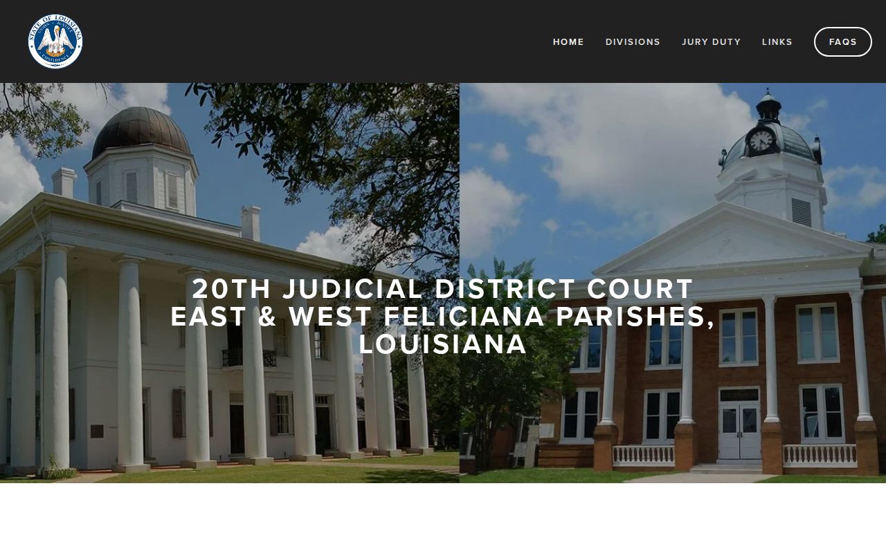 Twentieth Judicial District Court building page for East Feliciana Parish municipal and district warrant routing