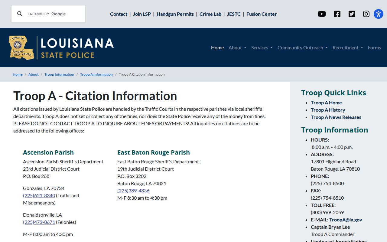 Louisiana State Police Troop A page showing East Feliciana Parish traffic citation routing for warrants