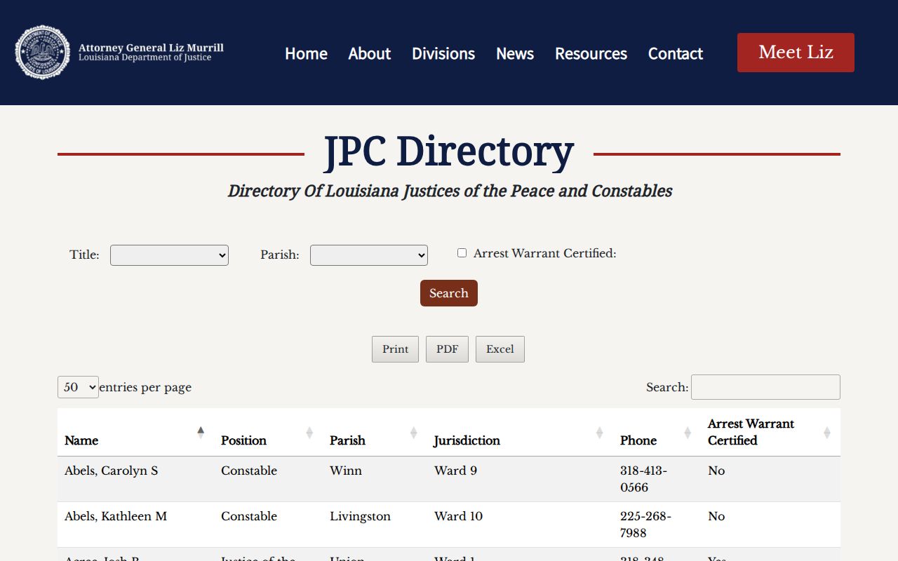 Justice of the peace directory filters for East Feliciana Parish warrant lookup