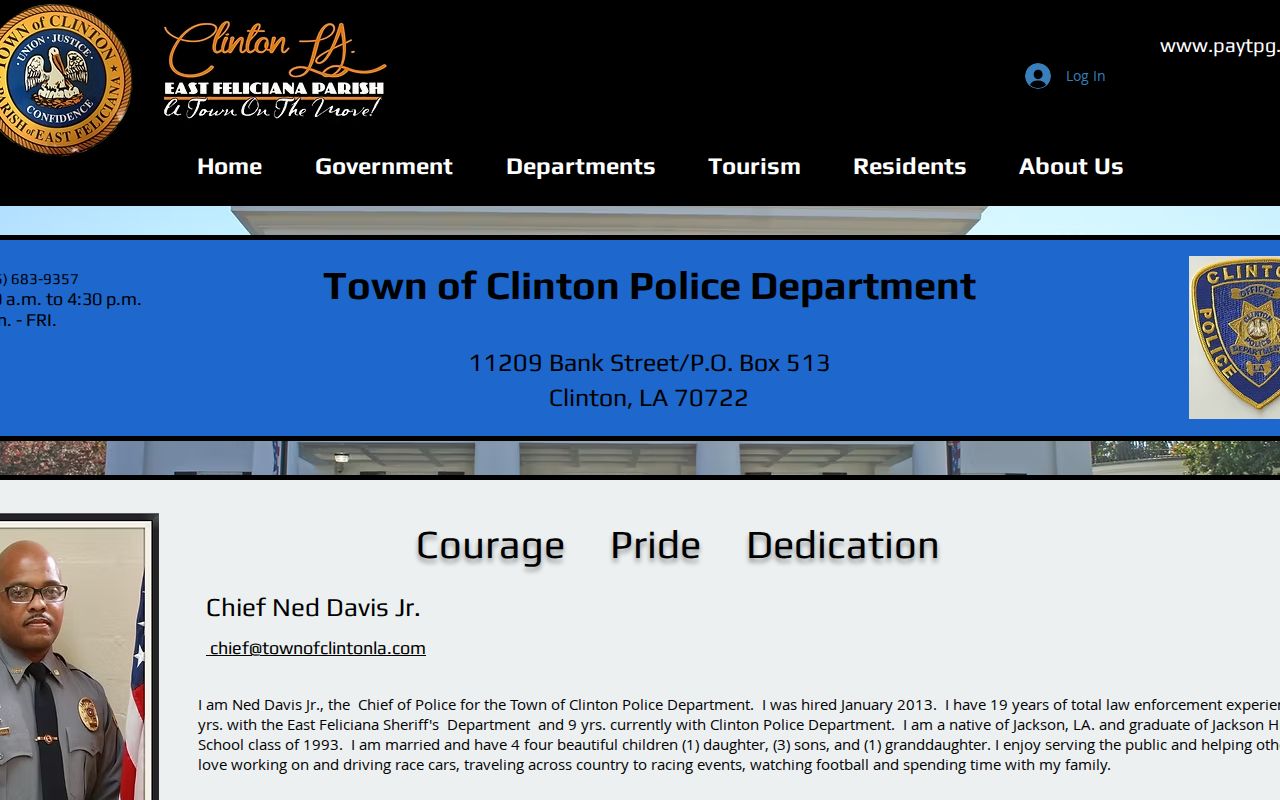 Clinton Police Department contact page with records clerk information for warrant records