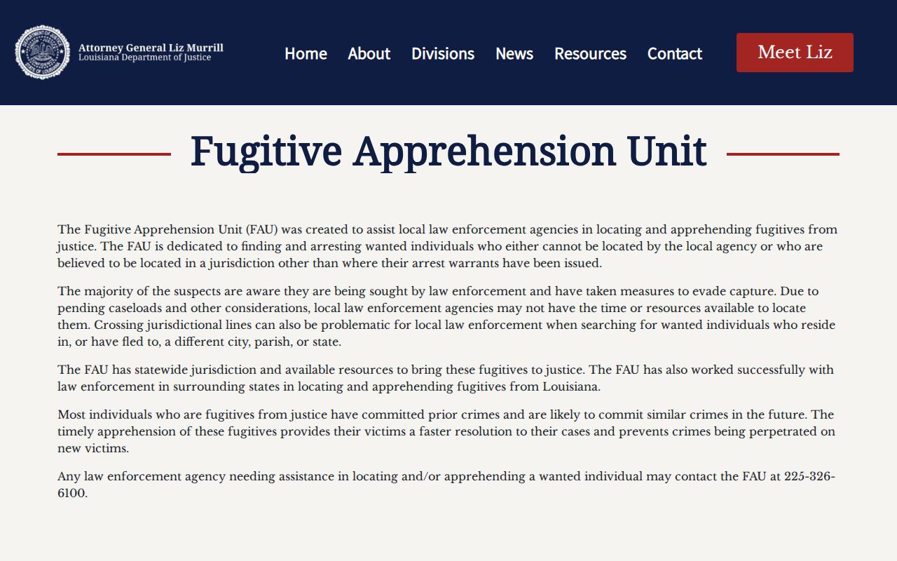 Louisiana Attorney General fugitive apprehension program page relevant to East Feliciana Parish wanted cases