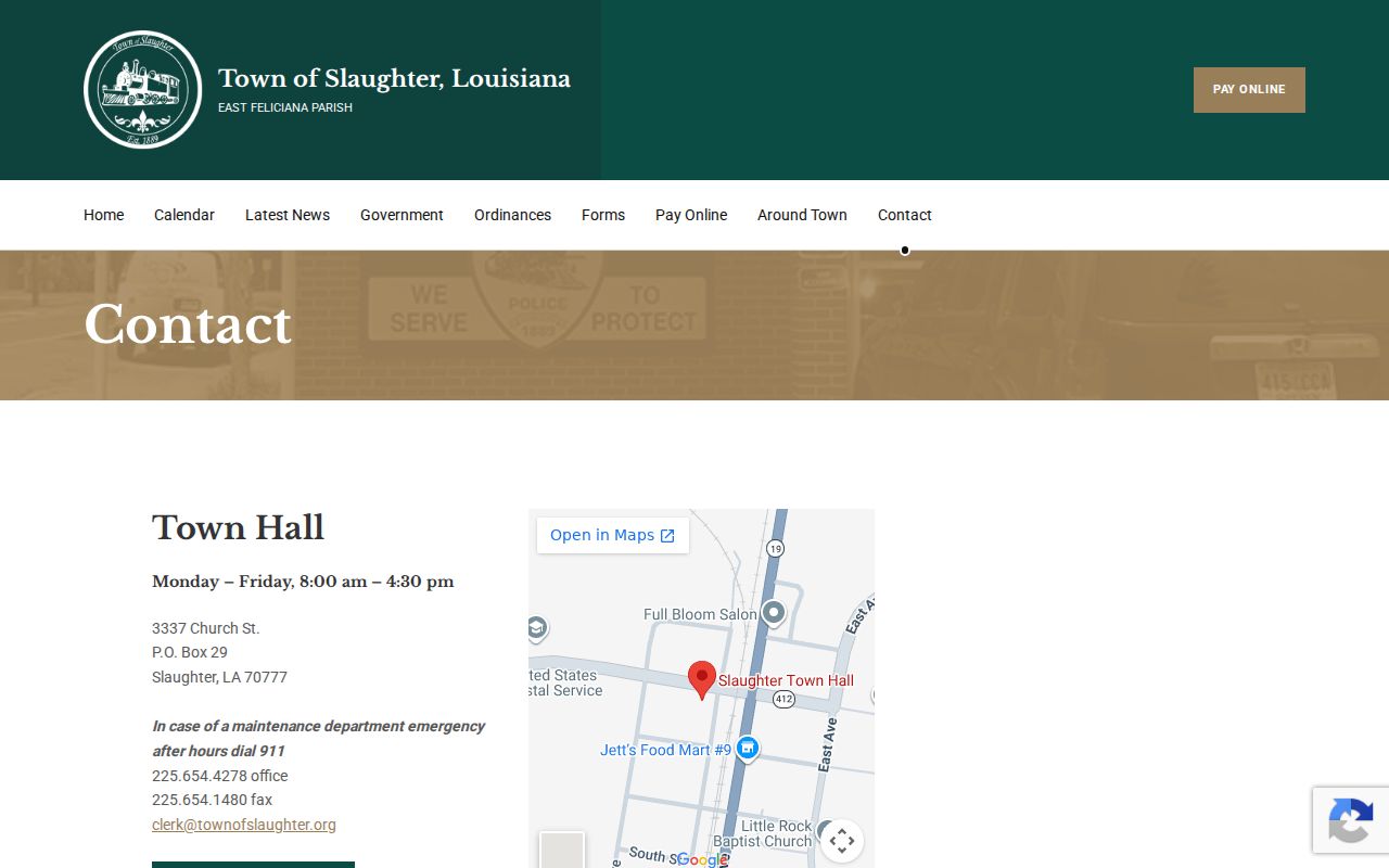 Slaughter Police Department contact page with office and emergency routing for warrant questions