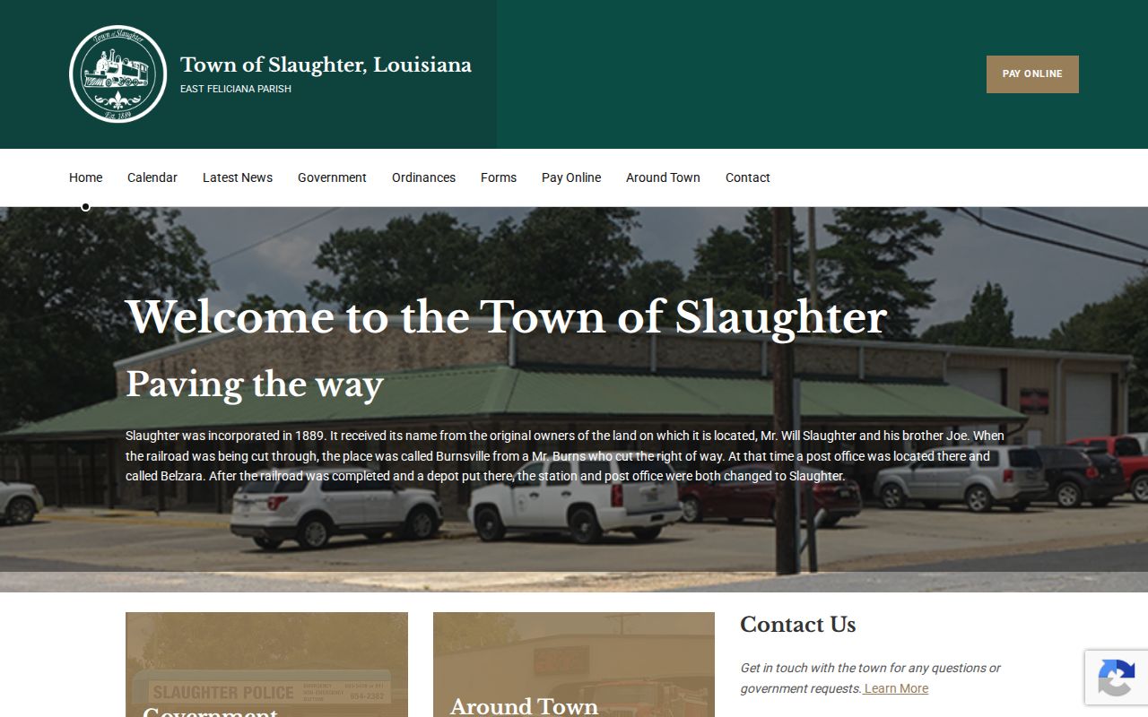 Slaughter Town Hall and police image area showing local offices for warrant record questions