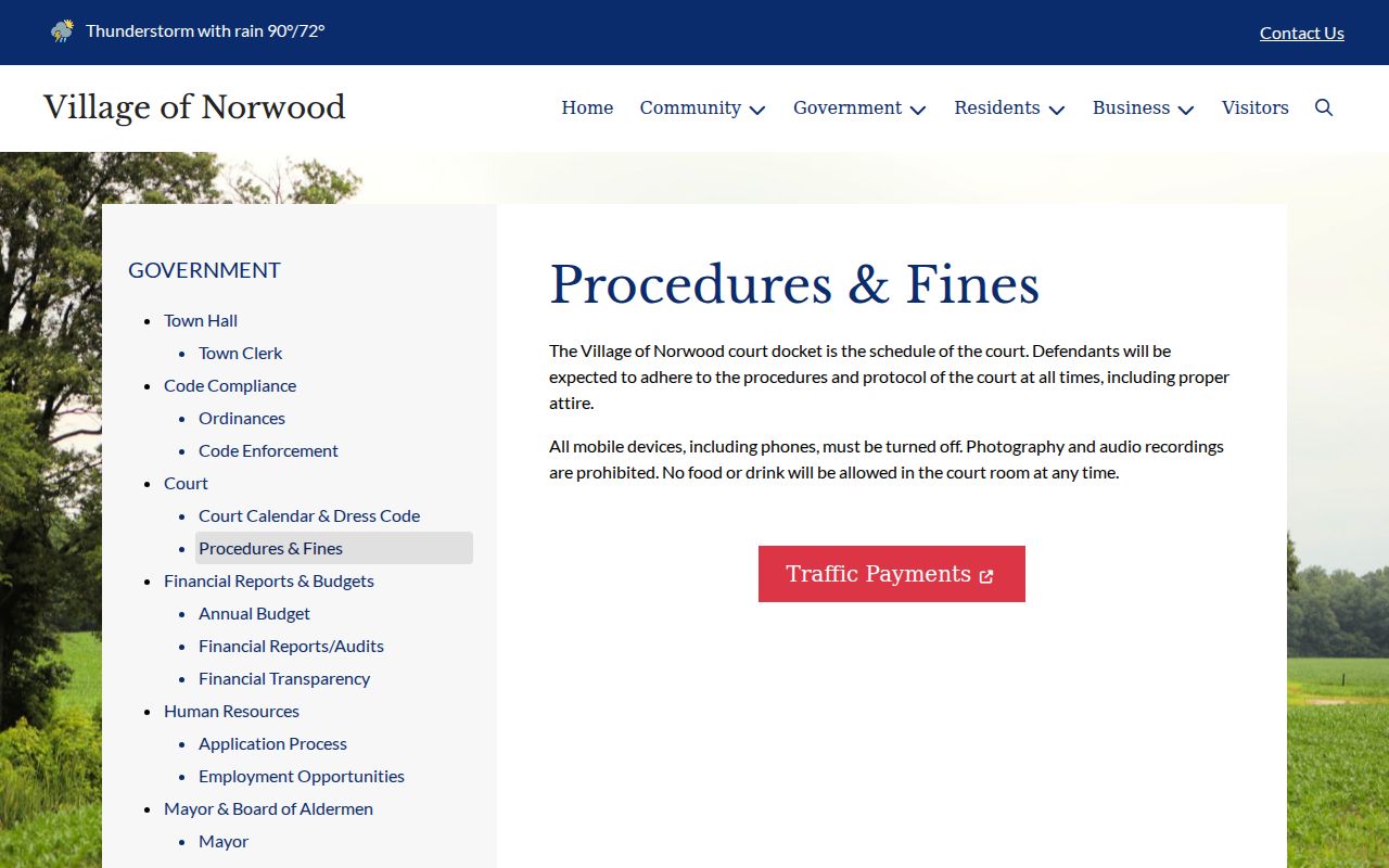Norwood court procedures and fines page showing docket rules for warrant record questions