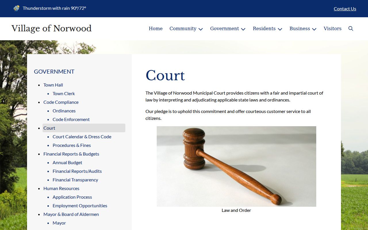 Norwood Municipal Court page and village contact block for warrant record questions