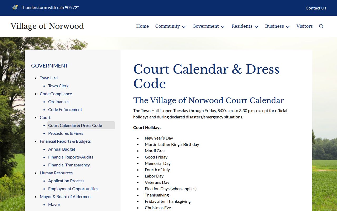 Norwood Town Hall hours and courtroom dress code page for warrant record questions