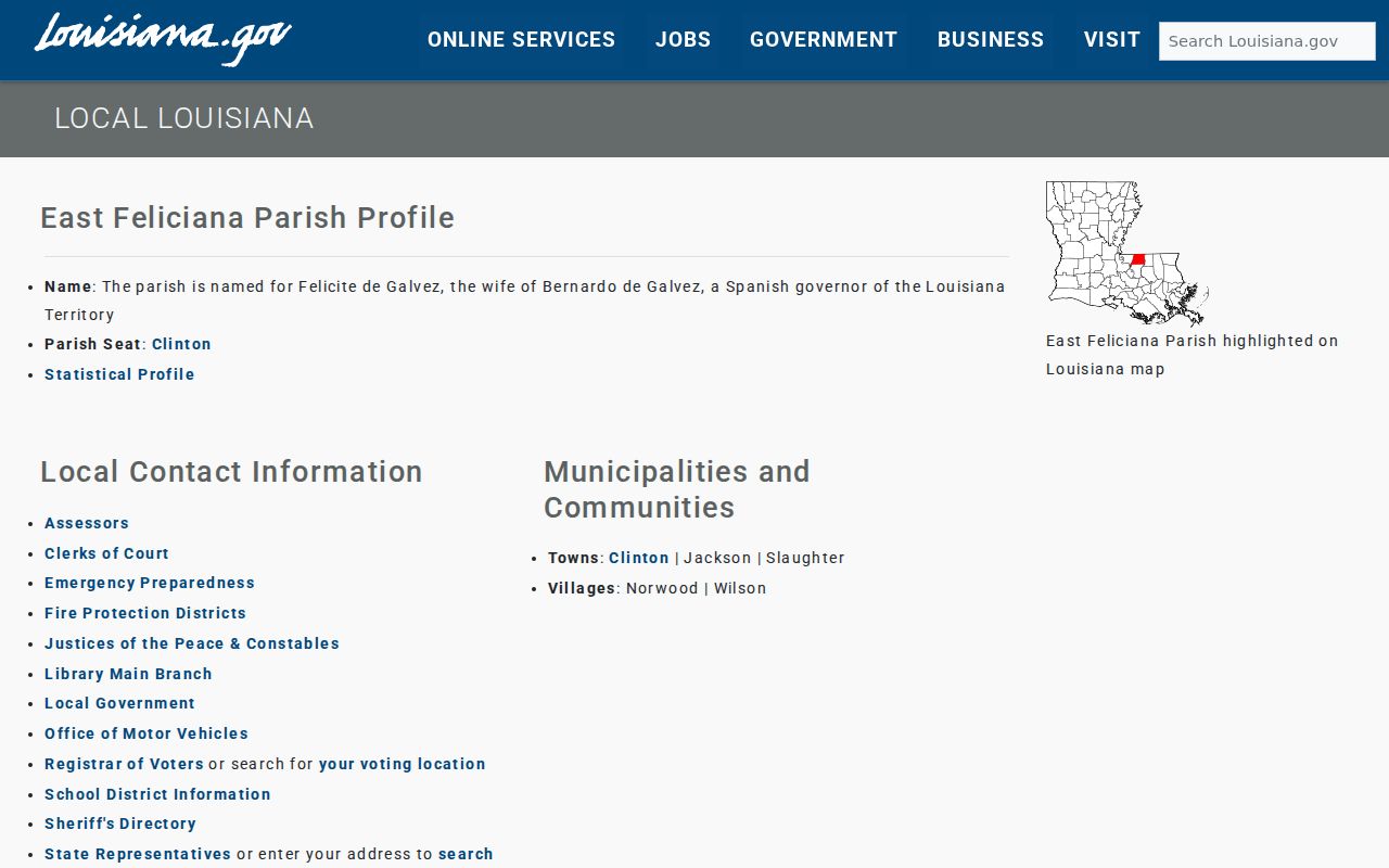 Official East Feliciana Parish place list showing the towns with municipal warrant courts