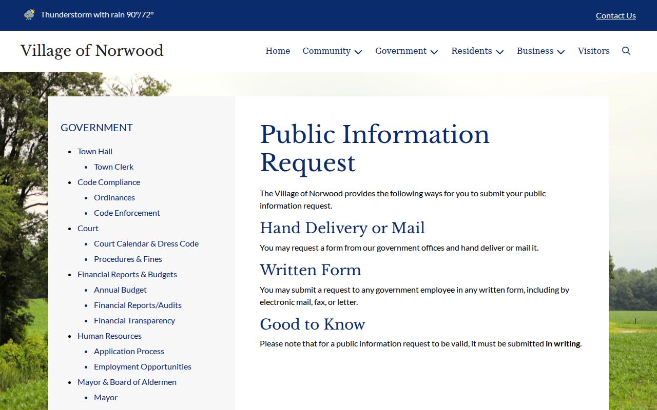 Norwood public information request page showing the written request channels for warrant records