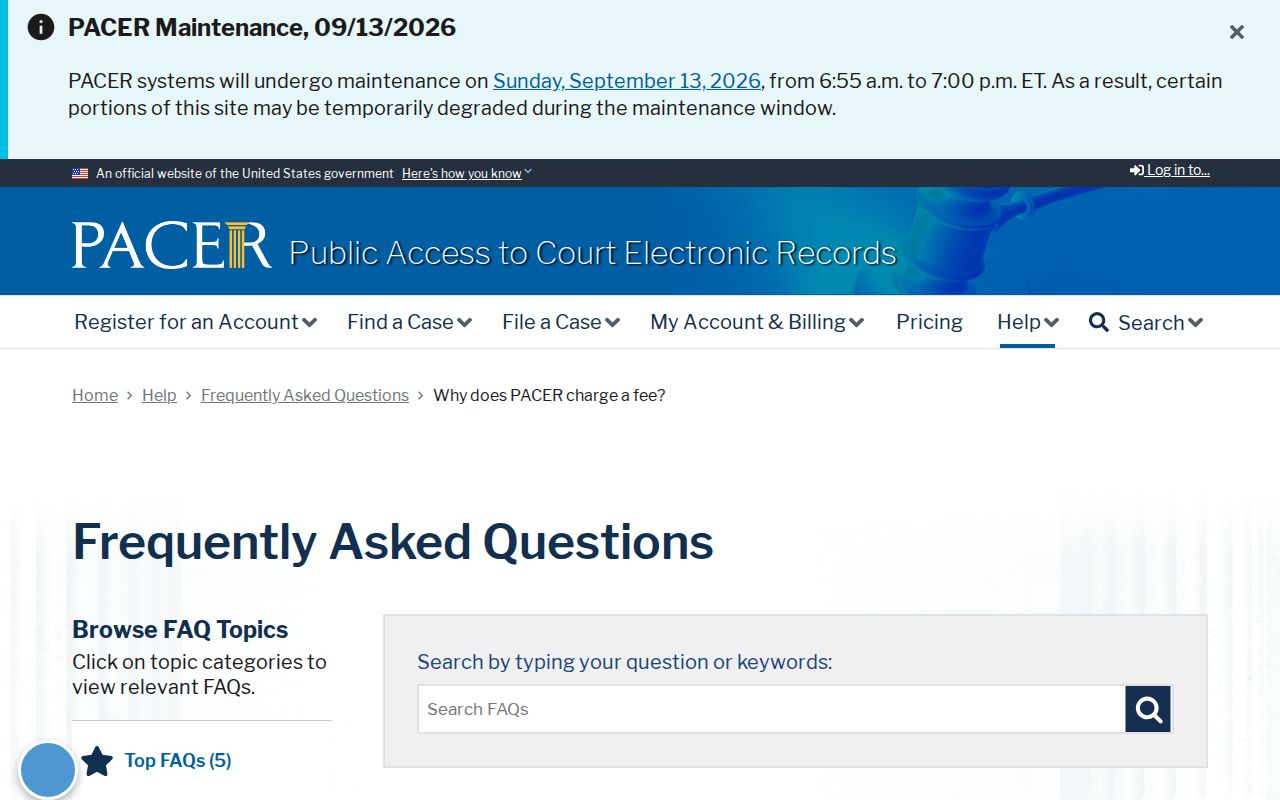 PACER fee disclosure page relevant to federal warrant searches for East Feliciana Parish cases